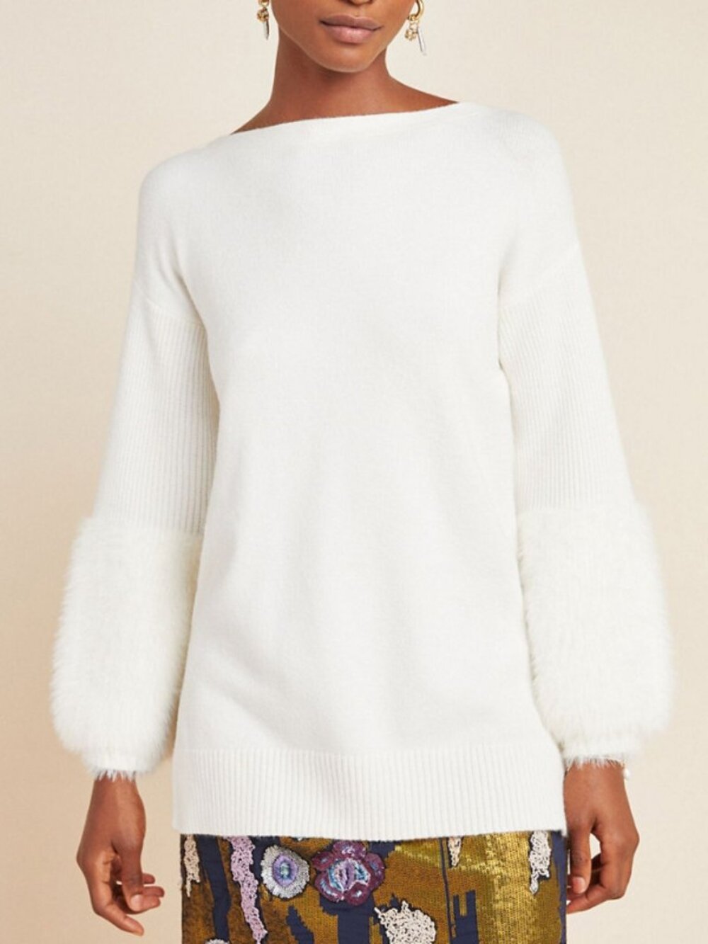Anthropologie Colma Tunic Sweater L Ivory White Faux Fur Cuffs Boatneck $120